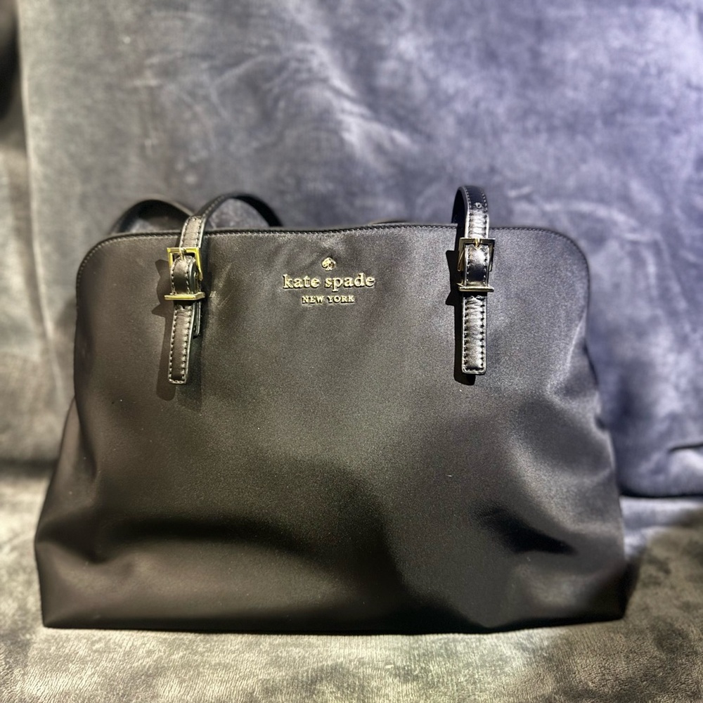 kate spade Black Satin Tote with Gold Logo